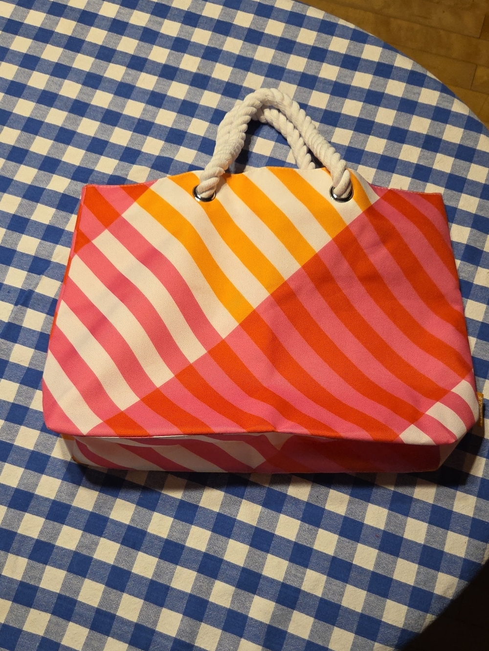 CLINIQUE Striped Pink & Orange Canvas Tote Bag with Rope Handles - Picture 2 of 7